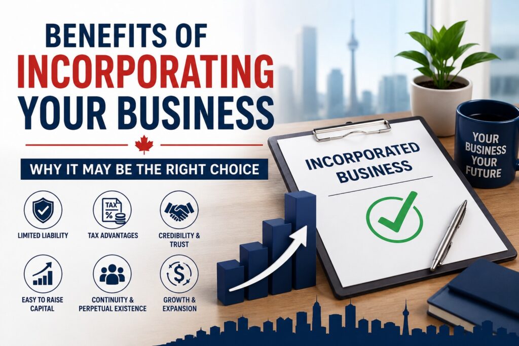 Benefits of Incorporating your Business in Canada including limited liability, tax advantages, business credibility, and long-term growth