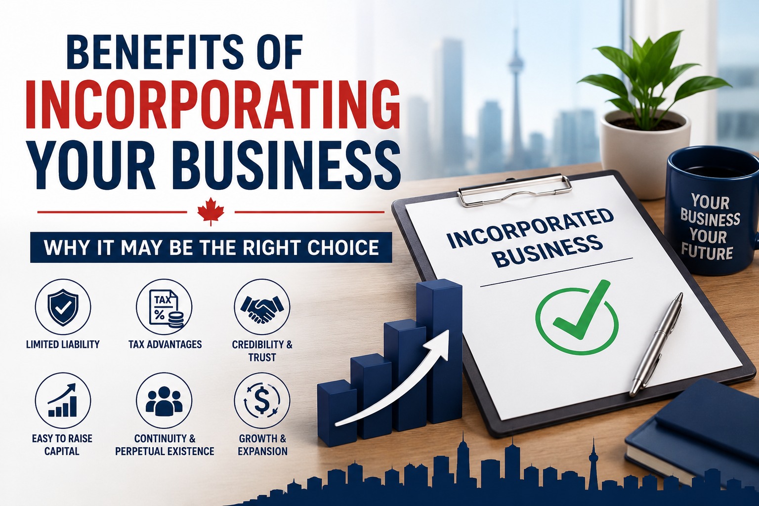 Benefits of Incorporating your Business in Canada including limited liability, tax advantages, business credibility, and long-term growth