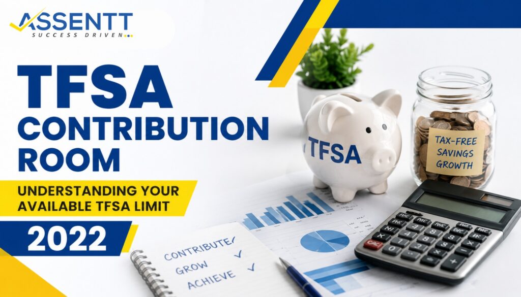 TFSA Contribution Room 2022 illustration featuring a piggy bank, savings jar, calculator, financial charts, and the Assentt logo, representing tax-free savings and TFSA contribution limits in Canada.
