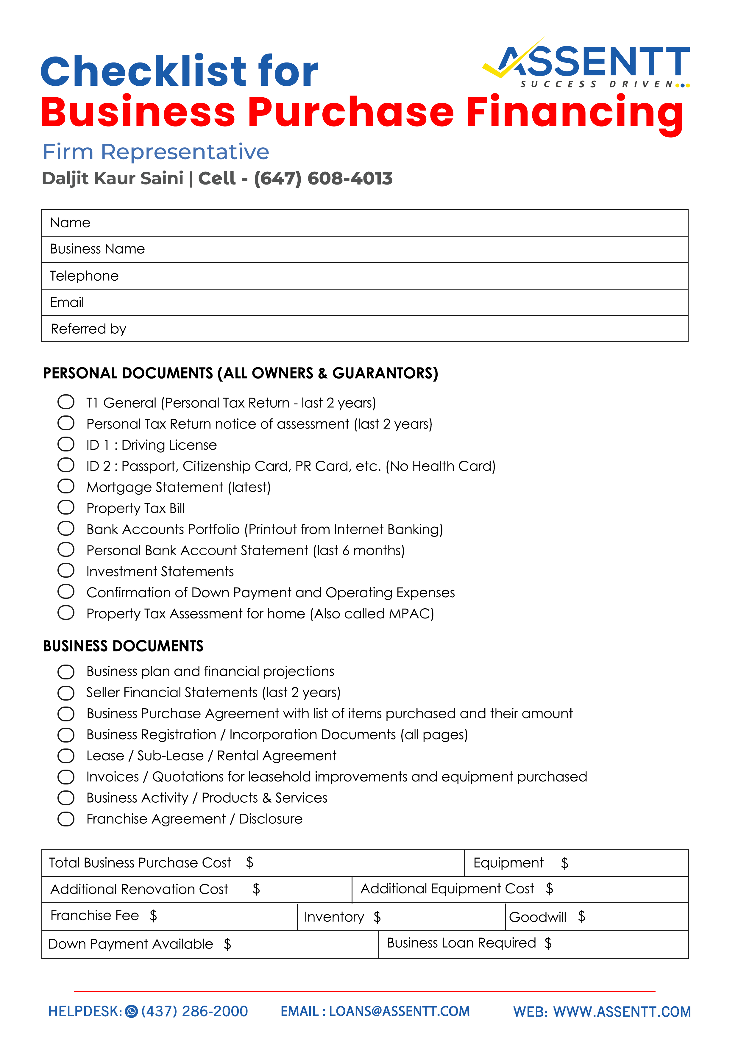 Checklist to apply easily for Business Purchase Financing in Canada