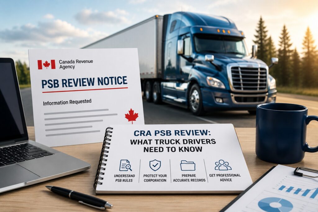 Incorporated truck driver reviewing business records during a CRA PSB Review Notice in Canada
