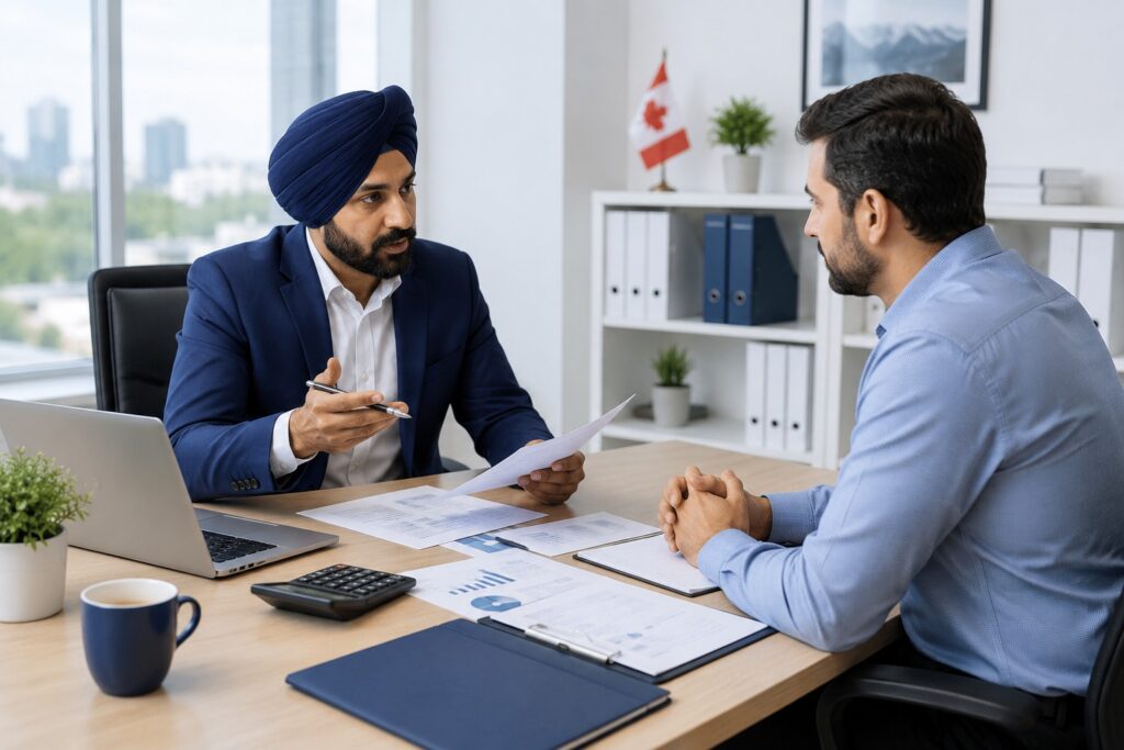 Financial advisor explaining Personal Services Business Canada rules to an incorporated contractor during a tax consultation