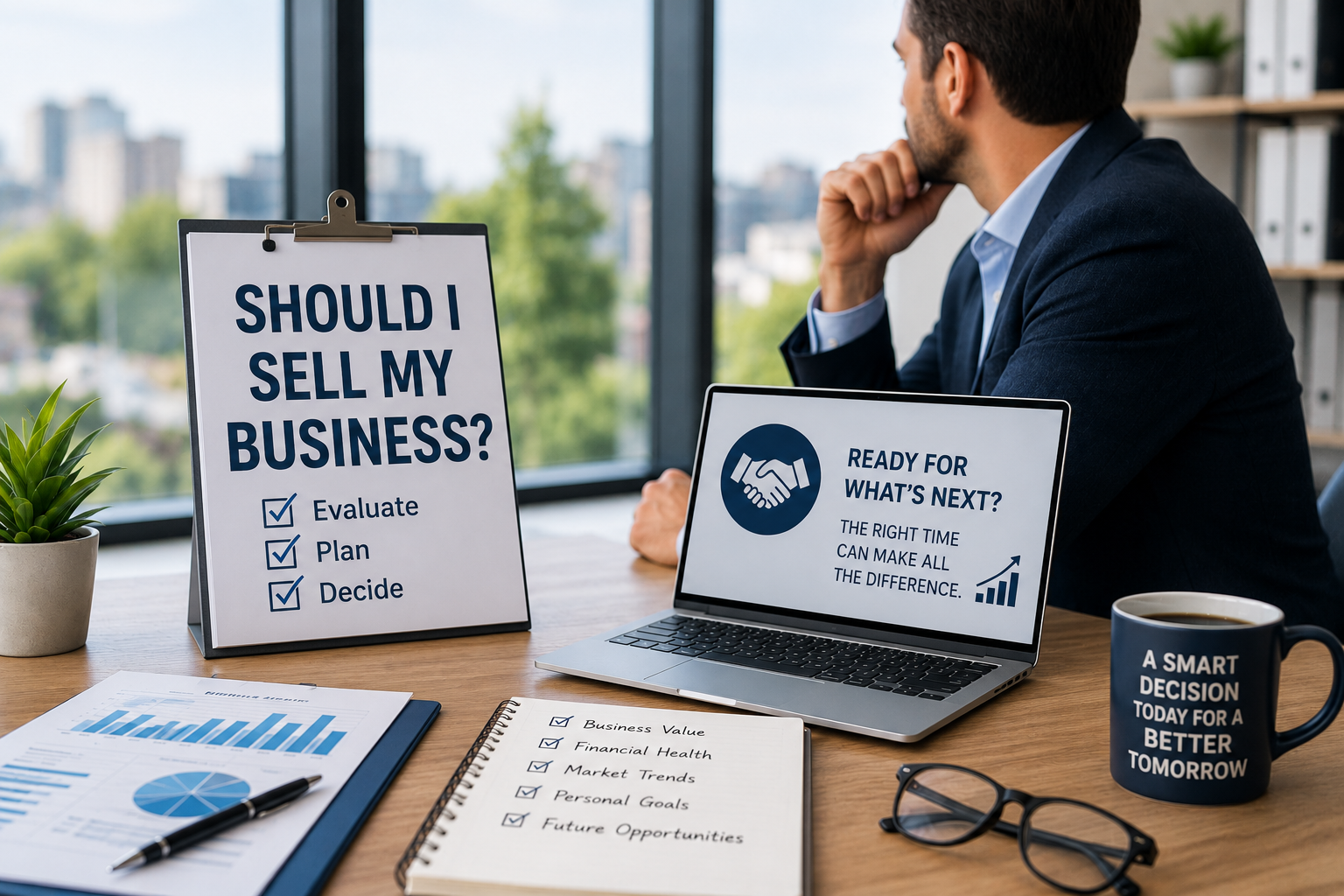 Business owner reviewing financial reports before deciding to sell your business