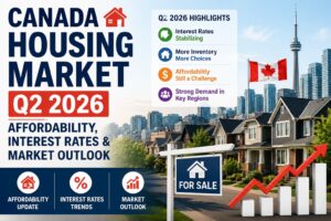 Canada Housing Market Q2 2026 showing affordability, interest rates, housing market outlook, homes for sale and Canadian skyline