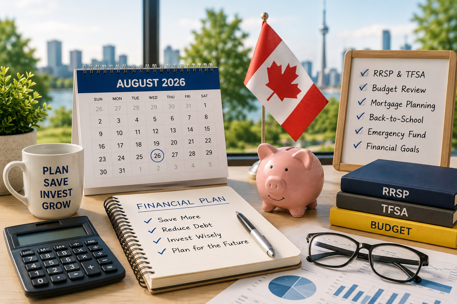 Late Summer Financial Planning 2026 featuring RRSP, TFSA, budgeting, mortgage planning, and savings strategies for Canadians