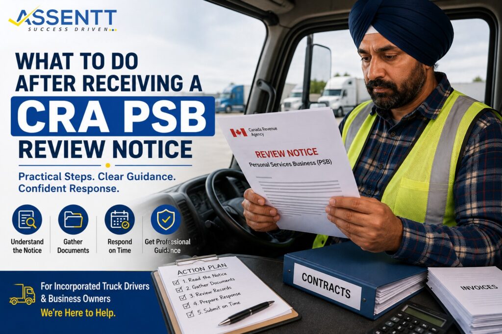 Incorporated truck driver reviewing a CRA Personal Services Business (PSB) review notice inside a commercial truck
