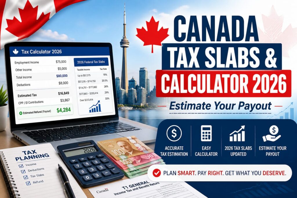 Laptop displaying a Canada Tax Slabs and Calculator 2026, Canadian dollar bills, and the Toronto skyline, illustrating income tax estimation and refund calculation.