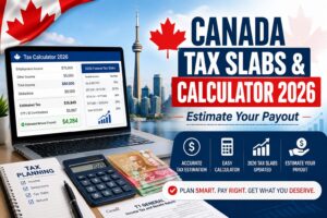 Laptop displaying a Canada Tax Slabs and Calculator 2026, Canadian dollar bills, and the Toronto skyline, illustrating income tax estimation and refund calculation.