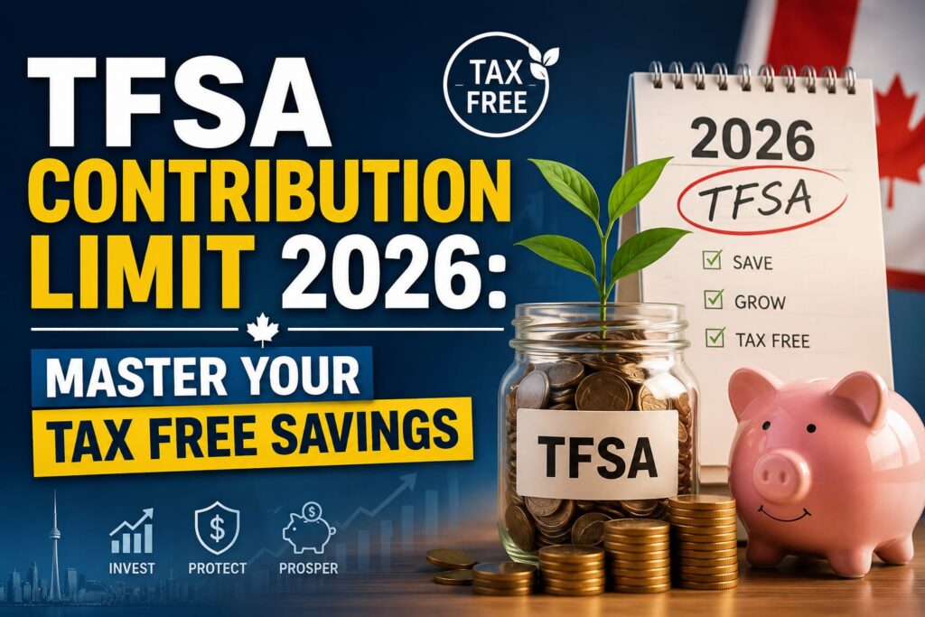 TFSA contribution limit 2026 with a piggy bank, jar of coins, savings plant, calendar, and Canadian flag, symbolizing tax-free savings and smart financial planning in Canada.