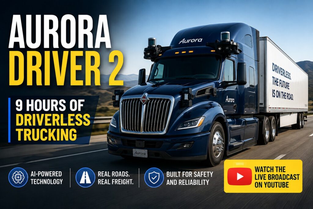 Aurora Driver 2 autonomous driverless truck operating on a highway