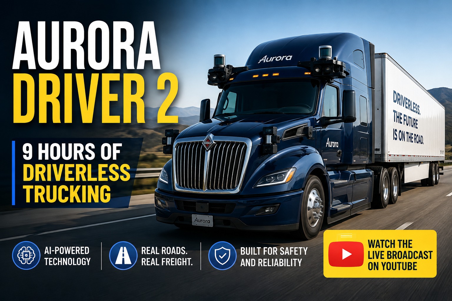 Aurora Driver 2 autonomous driverless truck operating on a highway